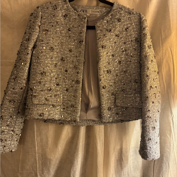 Zara Silver Sequin Cropped Blazer - Picture 6 of 7
